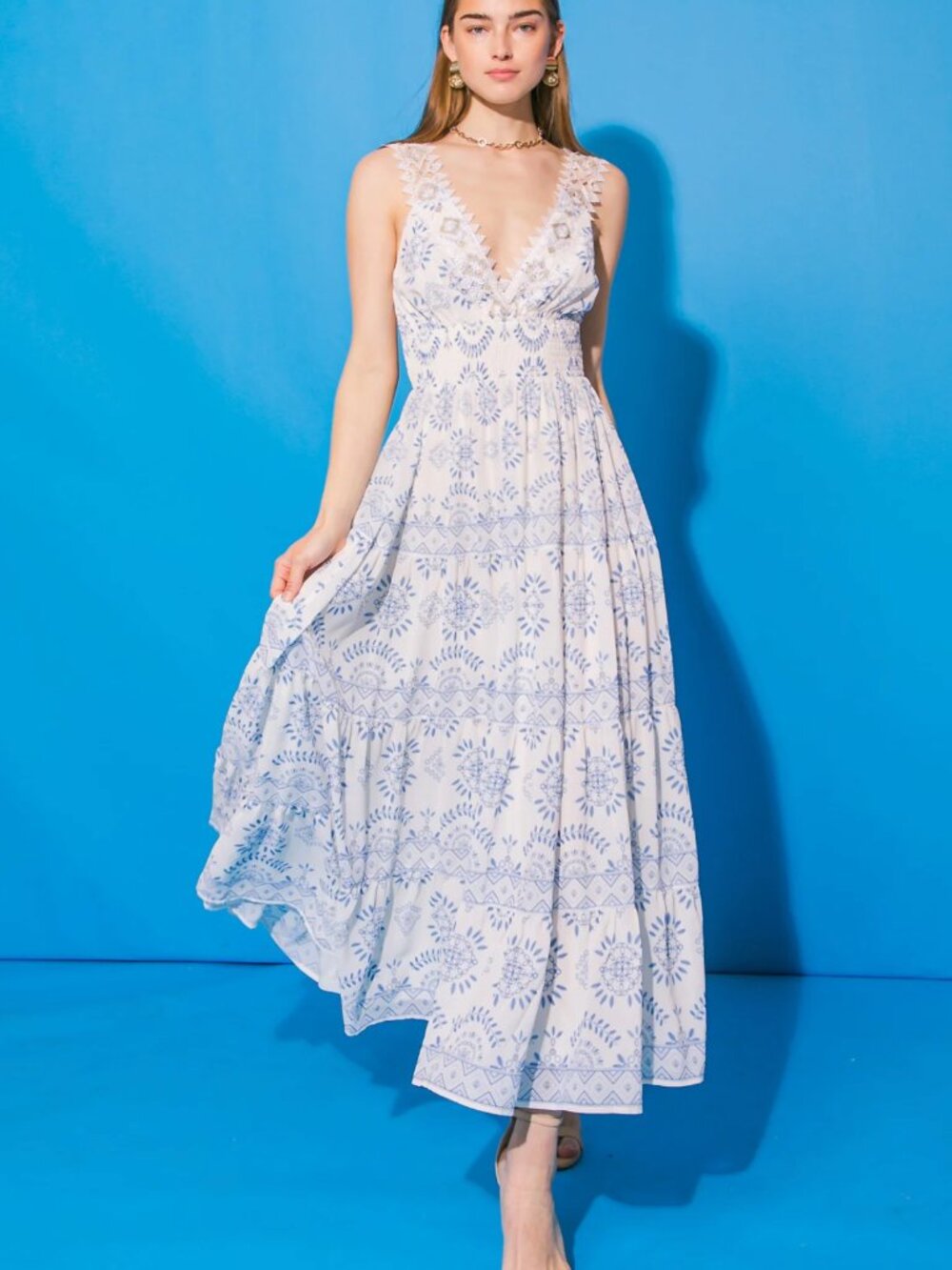 Flying Tomato Maxi Dress with Blue Floral Print and Geometric Lace Trim